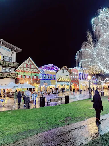 Leavenworth village square at night with holiday lights